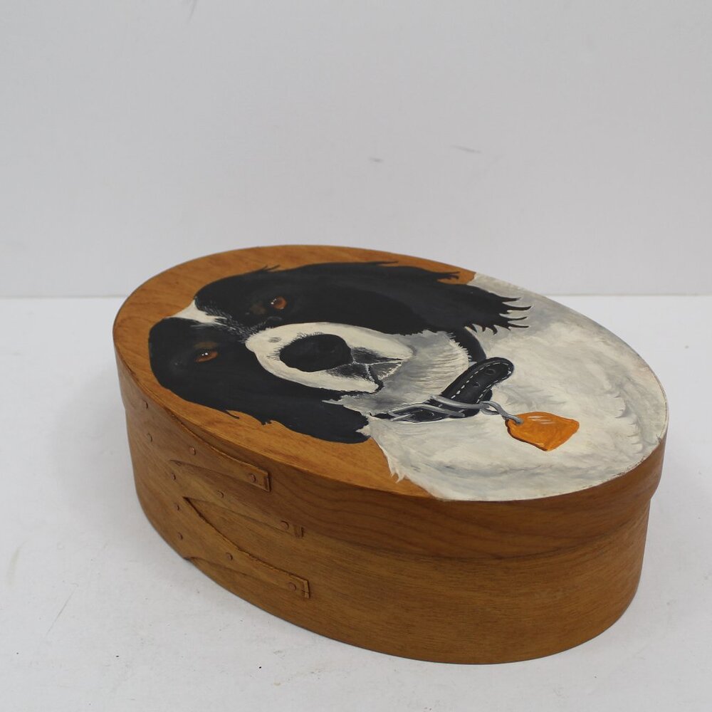 Vintage F.O. Merz Designed Oval Shaker Box with Hand Painted Dog